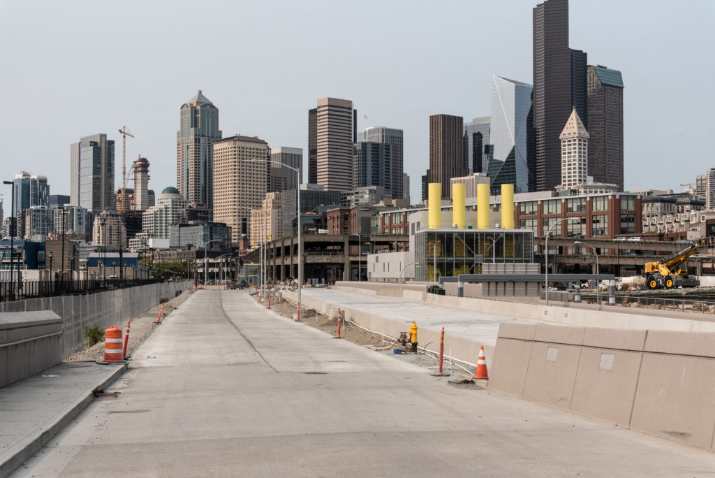 Construction on SR 99 looking into downtown Seattle.