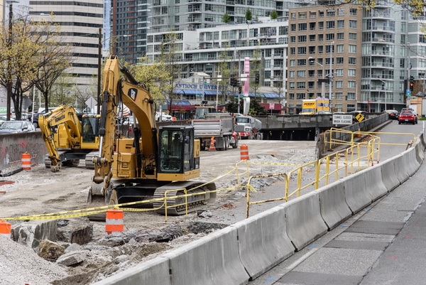 The ground beneath the closed SR 99 lanes coming in and out of the Battery Street Tunnel is being raised up (view looking south). Photo: WSDOT