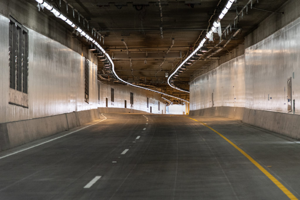 Northbound lane stripes near the south end of the SR 99 tunnel. Photo courtesy of WSDOT.