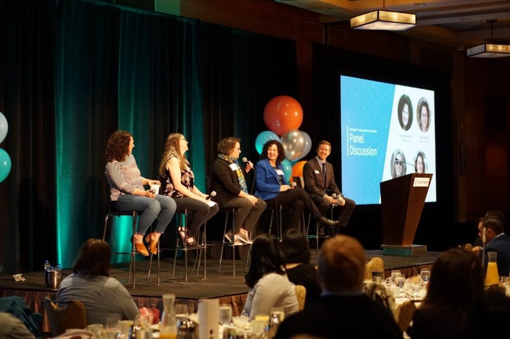 Commute Seattle’s Executive Director, Kevin Futhey, speaks with Employee Transportation Coordinators Melanie Truhn, Jennifer Poole, Jamie Cheney, and Robin Blacksmith as part of an employer showcase panel discussion.