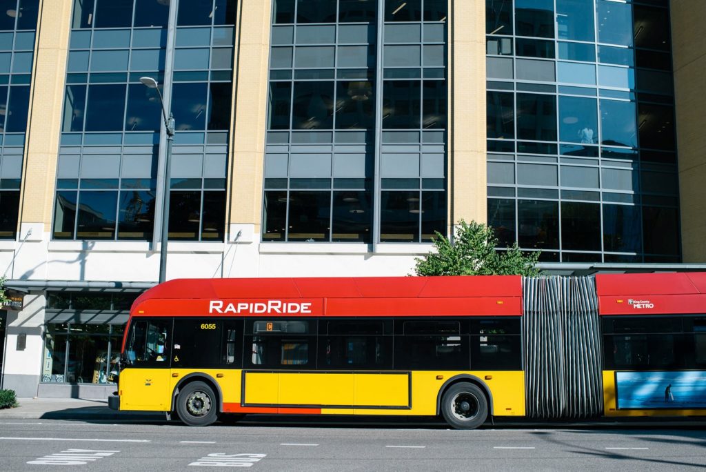 A RapidRide C Line bus in downtown Seattle.