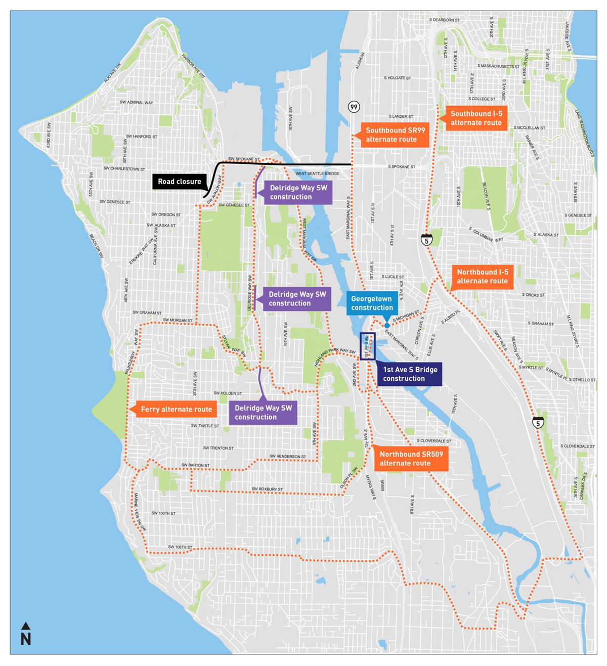 Wide map view of closures and detours in West Seattle