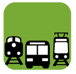 Green icon with cartoon image of a train, a bus, and a link light rail tram