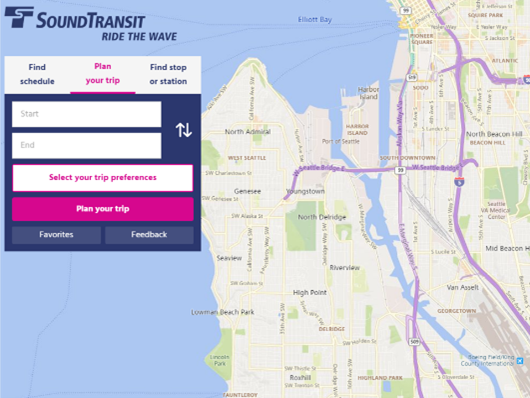 Zoomed out map view of West Seattle and Elliot Bay through Sound Transit Trip Planner