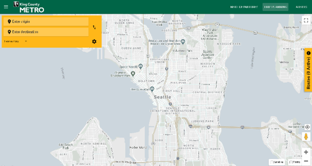 Zoomed out map view of Seattle through King County Metro Trip Planner
