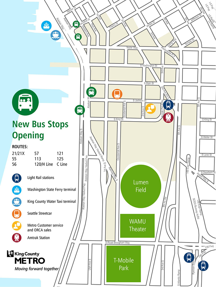 Map of new bus stops along Alaskan Way S, near S Jackson St, along Seattle’s waterfront. The two new bus stops’ locations can be seen in the large green circular bus icons. Graphic credit: King County Metro.